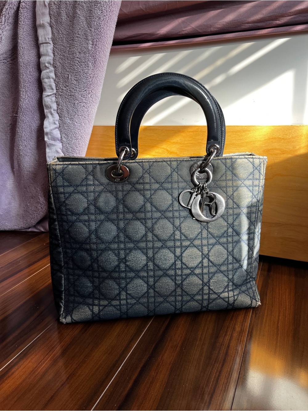 Vintage Lady Dior Cannage Tote Bag in Navy Denim